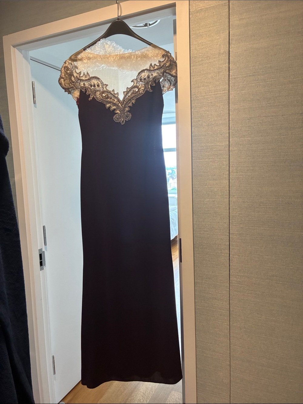 Elegant Black Evening Gown with Gold Lace Appliqué